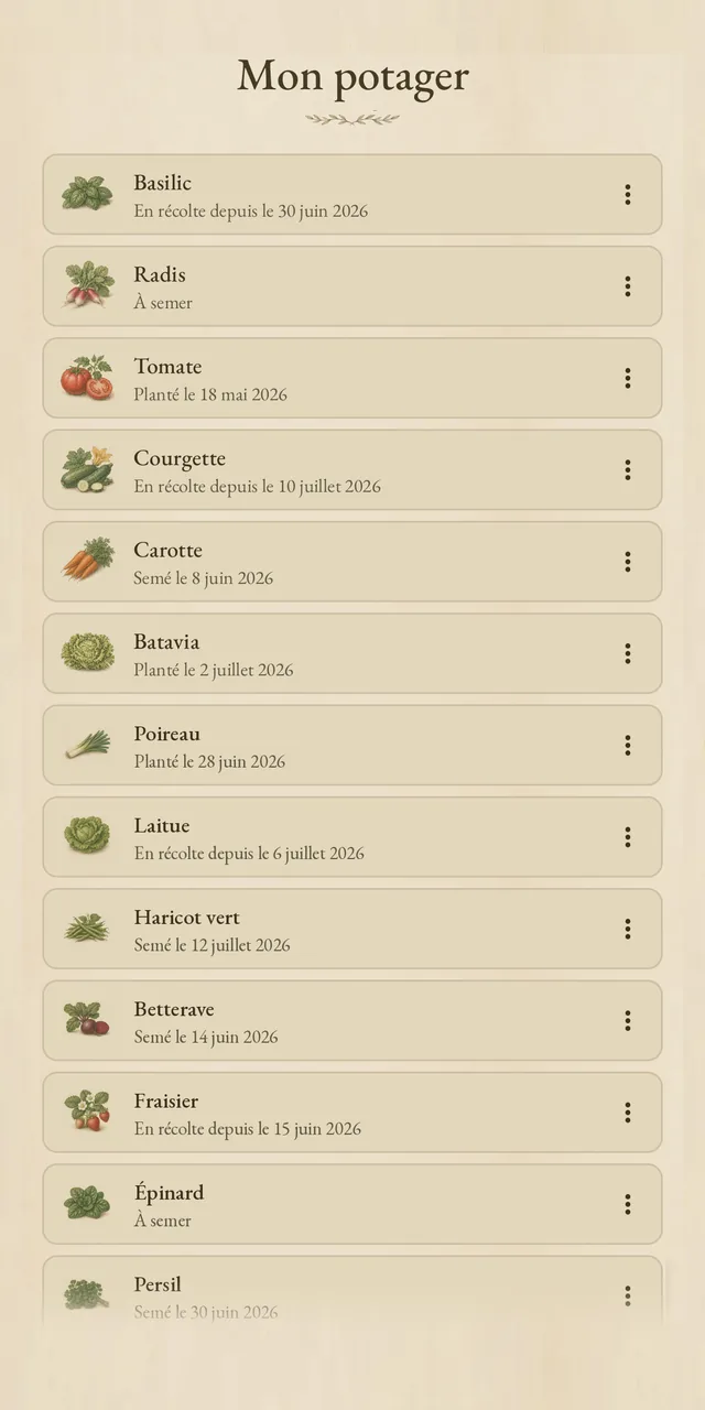 Écran Mon potager : liste des cultures suivies avec leur état et leurs dates